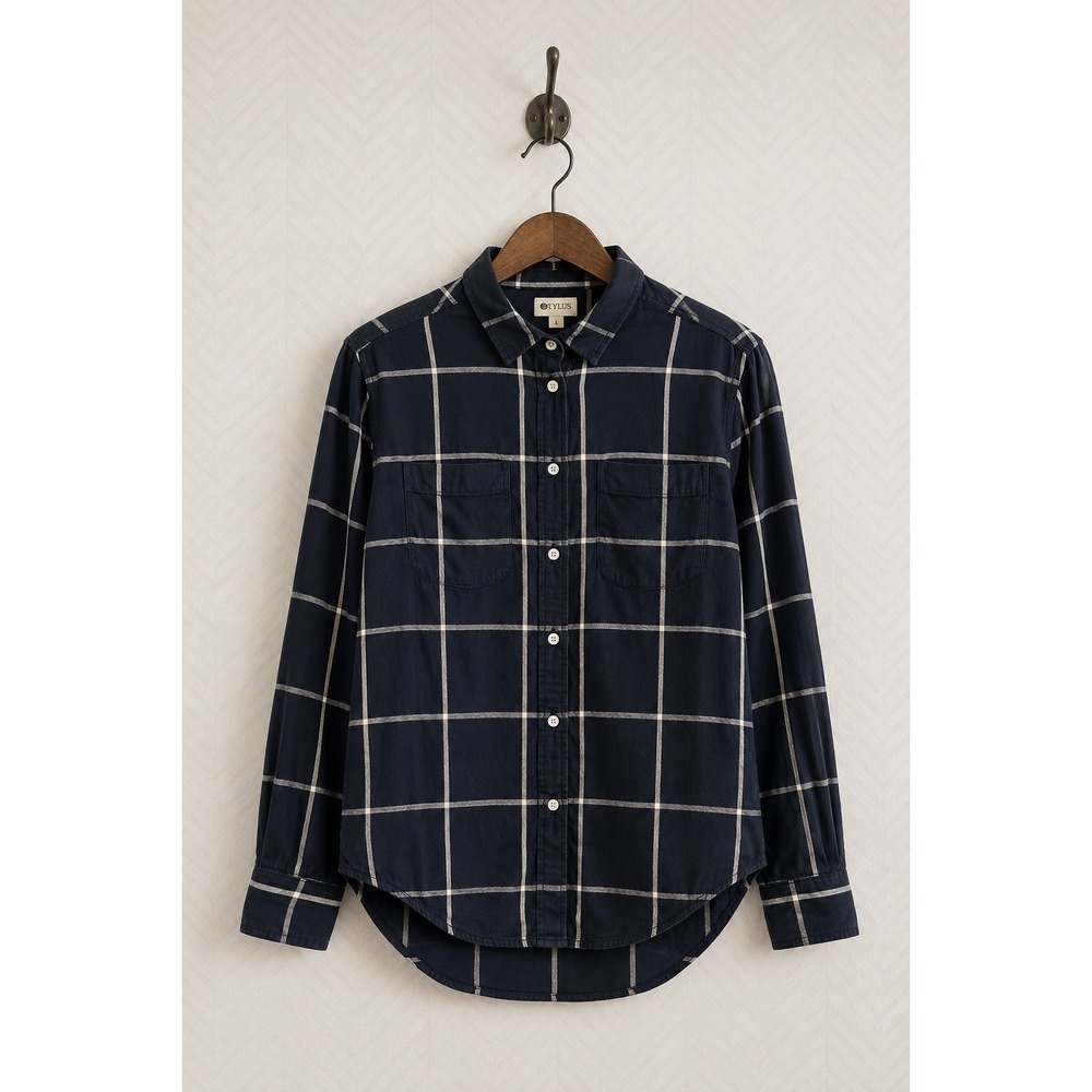 Stylus Button Down Shirt Windowpane Plaid Navy Blue Size S